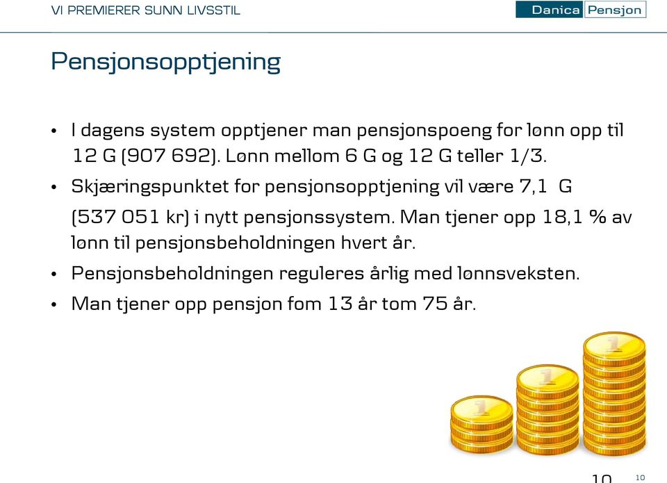 Skjæringspunktet for pensjonsopptjening vil være 7,1 G (537 051 kr) i nytt pensjonssystem.