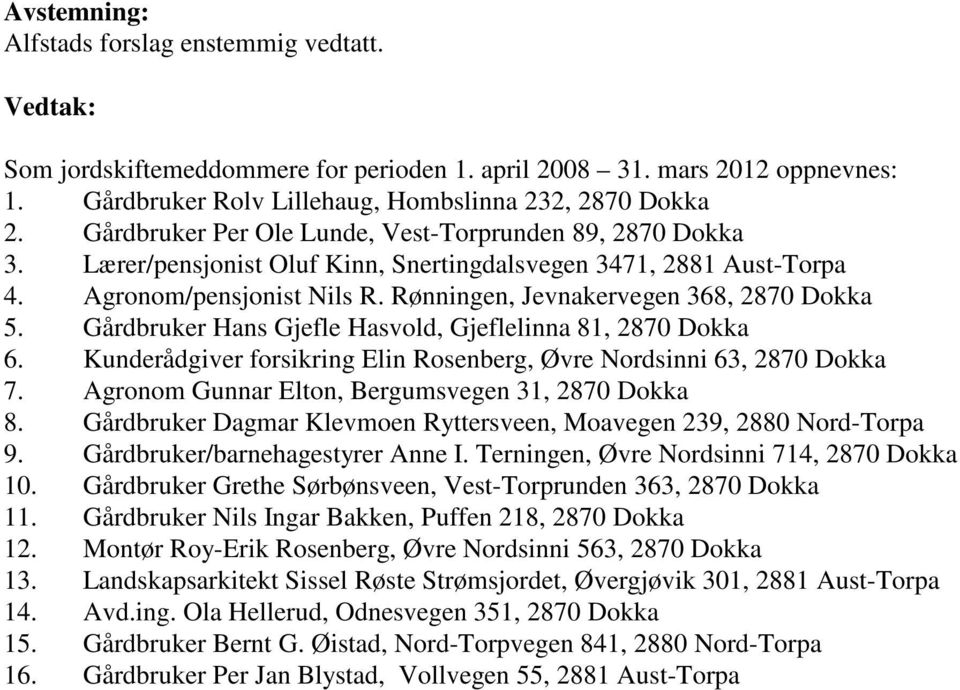 Rønningen, Jevnakervegen 368, 2870 Dokka 5. Gårdbruker Hans Gjefle Hasvold, Gjeflelinna 81, 2870 Dokka 6. Kunderådgiver forsikring Elin Rosenberg, Øvre Nordsinni 63, 2870 Dokka 7.