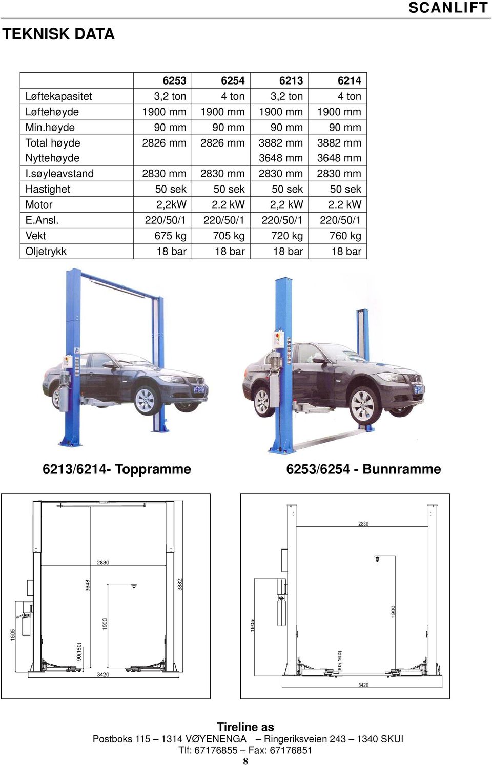 søyleavstand 2830 mm 2830 mm 2830 mm 2830 mm Hastighet 50 sek 50 sek 50 sek 50 sek Motor 2,2kW 2.2 kw 2,2 kw 2.2 kw E.Ansl.