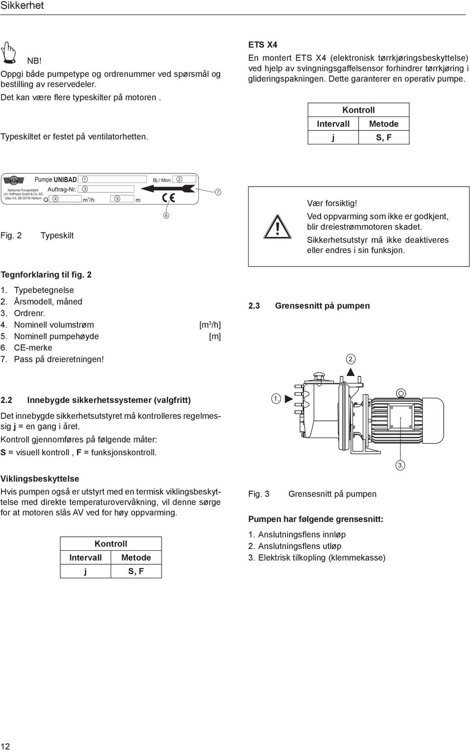 Kontroll Intervall Metode j S, F Herborner Pumpenfabrik J.H. Hoffmann GmbH & Co. KG Littau 3-5, DE-35745 Herborn Pumpe UNIBAD Q Fig. 2 Typeskilt 1 Auftrag-Nr. 3 4 m/h 5 m Bj./ Mon.