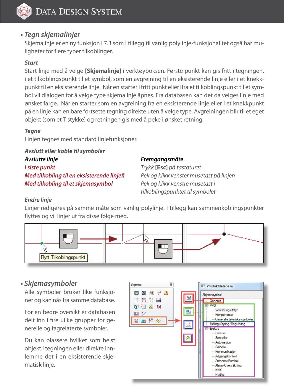 Første punkt kan gis fritt i tegningen, i et tilkoblingspunkt til et symbol, som en avgreining til en eksisterende linje eller i et knekkpunkt til en eksisterende linje.