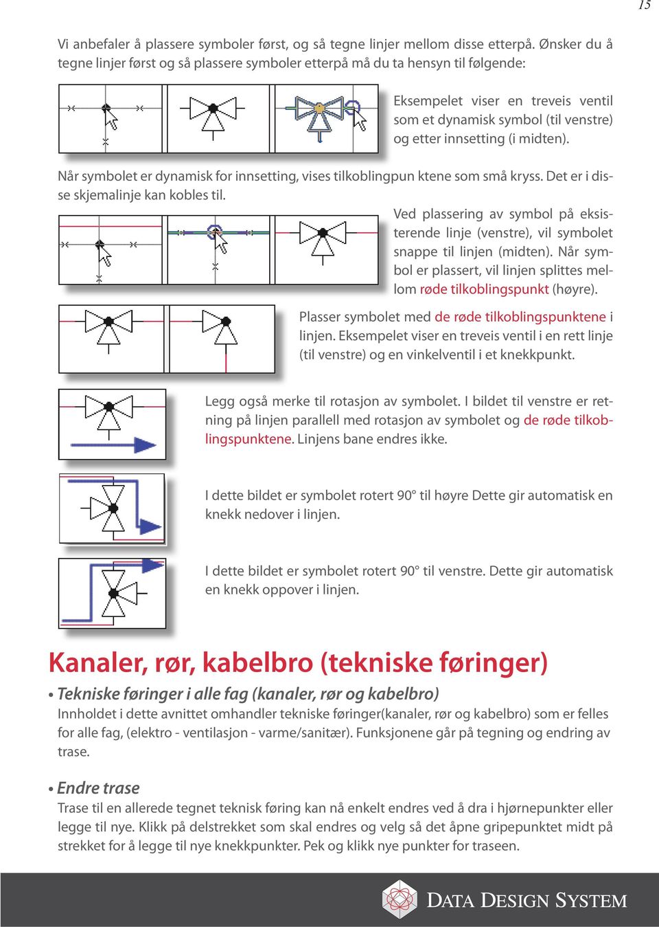 Når symbolet er dynamisk for innsetting, vises tilkoblingpun ktene som små kryss. Det er i disse skjemalinje kan kobles til.