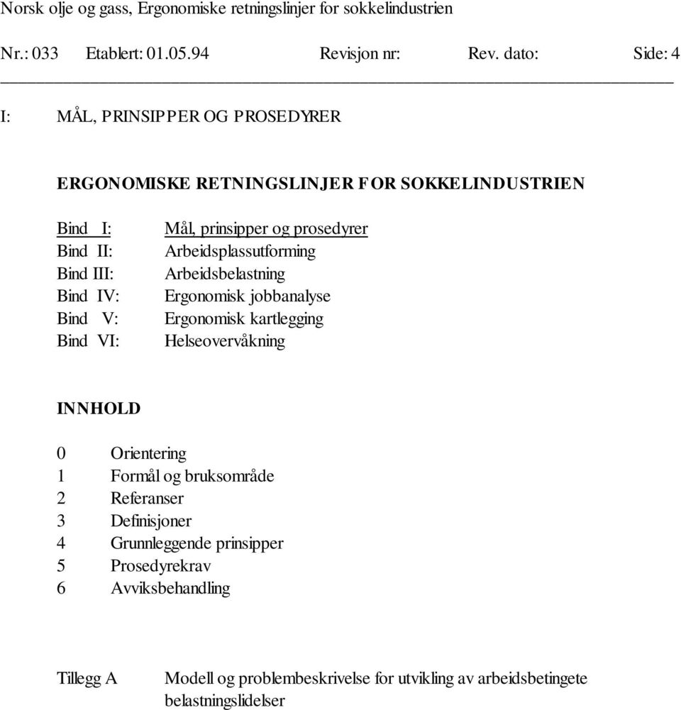 Bind VI: Mål, prinsipper og prosedyrer Arbeidsplassutforming Arbeidsbelastning Ergonomisk jobbanalyse Ergonomisk kartlegging