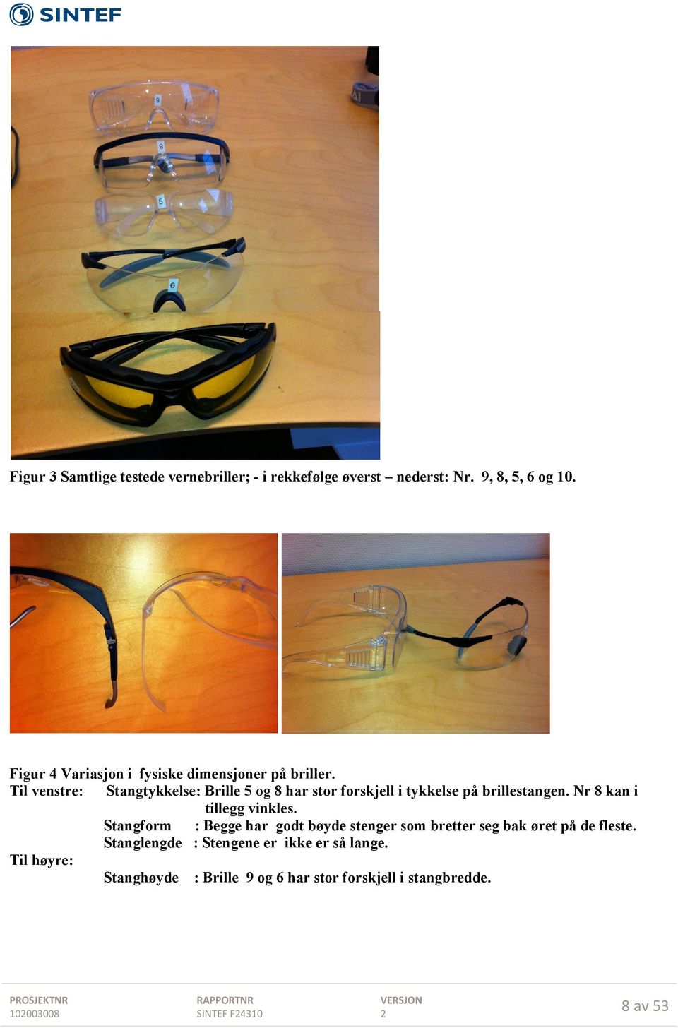 Til venstre: Stangtykkelse: Brille 5 og 8 har stor forskjell i tykkelse på brillestangen. Nr 8 kan i tillegg vinkles.