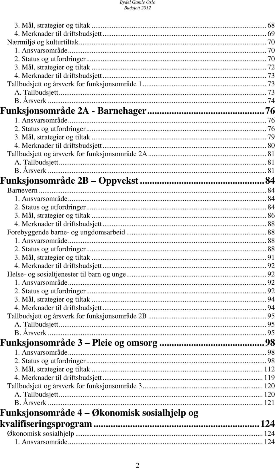 Status og utfordringer... 76 3. Mål, strategier og tiltak... 79 4. Merknader til driftsbudsjett... 80 Tallbudsjett og årsverk for funksjonsområde 2A... 81 A. Tallbudsjett... 81 B. Årsverk.