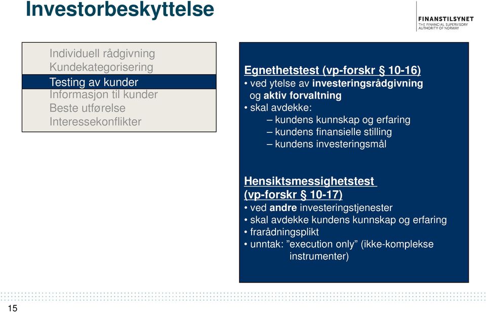 kundens kunnskap og erfaring kundens finansielle stilling kundens investeringsmål Hensiktsmessighetstest (vp-forskr 10-17) ved