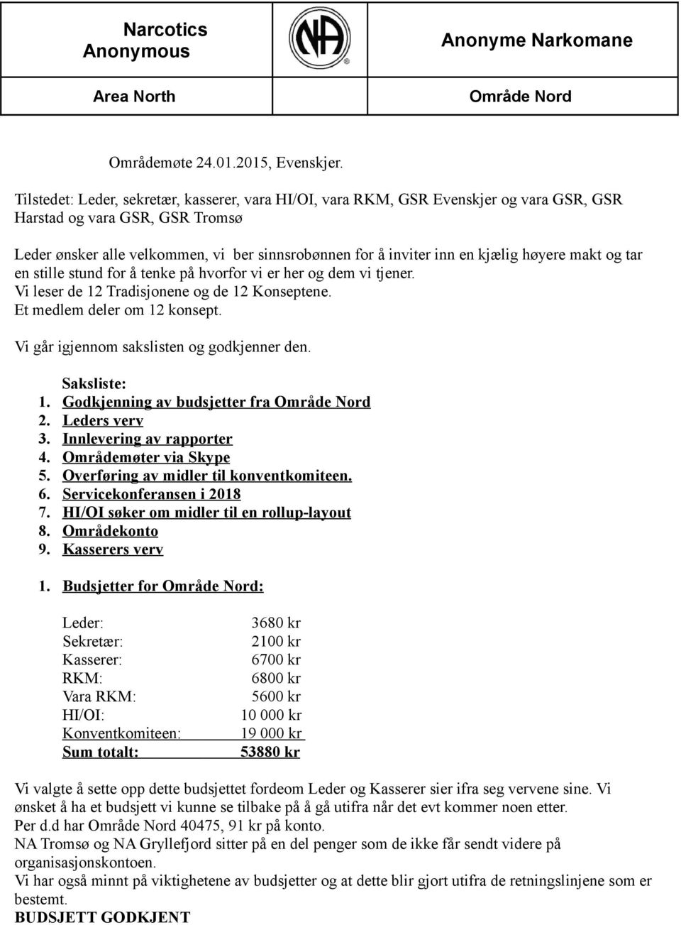 kjælig høyere makt og tar en stille stund for å tenke på hvorfor vi er her og dem vi tjener. Vi leser de 12 Tradisjonene og de 12 Konseptene. Et medlem deler om 12 konsept.