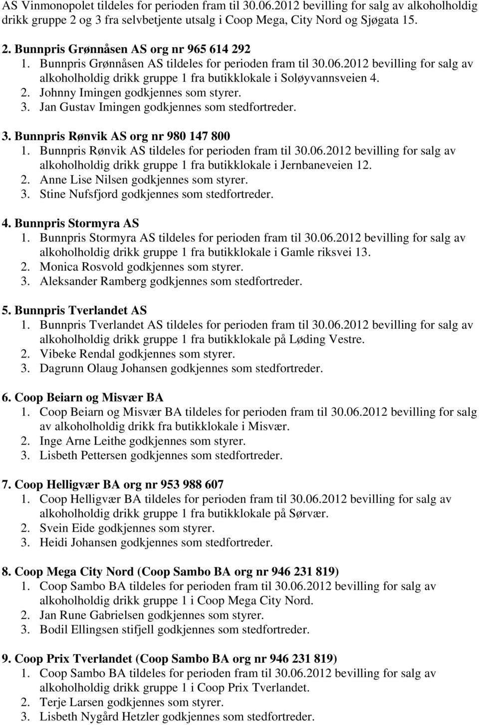 3. Bunnpris Rønvik AS org nr 980 147 800 1. Bunnpris Rønvik AS tildeles for perioden fram til 30.06.2012 bevilling for salg av alkoholholdig drikk gruppe 1 fra butikklokale i Jernbaneveien 12. 2.