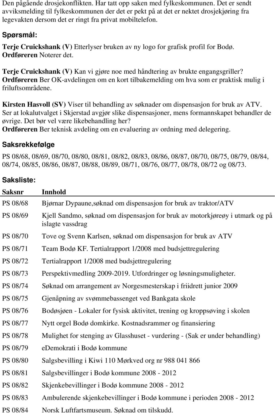 Spørsmål: Terje Cruickshank (V) Etterlyser bruken av ny logo for grafisk profil for Bodø. Ordføreren Noterer det. Terje Cruickshank (V) Kan vi gjøre noe med håndtering av brukte engangsgriller?