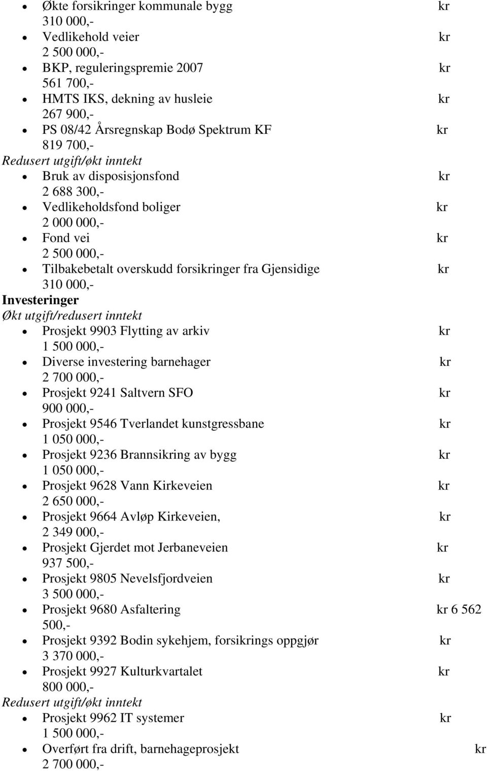 310 000,- Investeringer Økt utgift/redusert inntekt Prosjekt 9903 Flytting av arkiv kr 1 500 000,- Diverse investering barnehager kr 2 700 000,- Prosjekt 9241 Saltvern SFO kr 900 000,- Prosjekt 9546