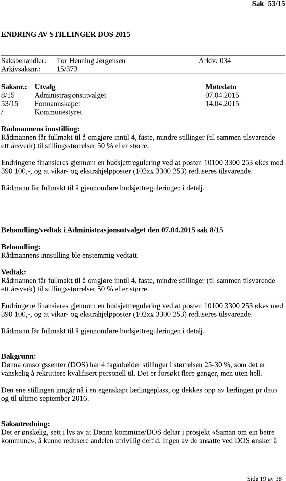 Endringene finansieres gjennom en budsjettregulering ved at posten 10100 3300 253 økes med 390 100,-, og at vikar- og ekstrahjelpposter (102xx 3300 253) reduseres tilsvarende.