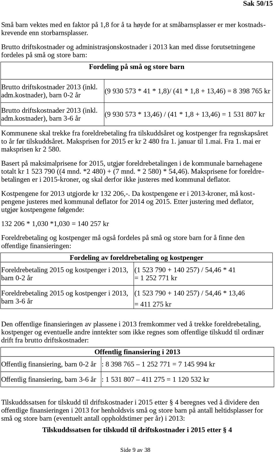 adm.kostnader), barn 3-6 år (9 930 573 * 41 * 1,8)/ (41 * 1,8 + 13,46) = 8 398 765 kr (9 930 573 * 13,46) / (41 * 1,8 + 13,46) = 1 531 807 kr Kommunene skal trekke fra foreldrebetaling fra