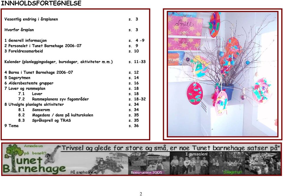 11-33 4 Barna i Tunet Barnehage 2006-07 s. 12 5 Dagsrytmen s. 14 6 Aldersbestemte grupper s. 16 7 Lover og rammeplan s. 18 7.