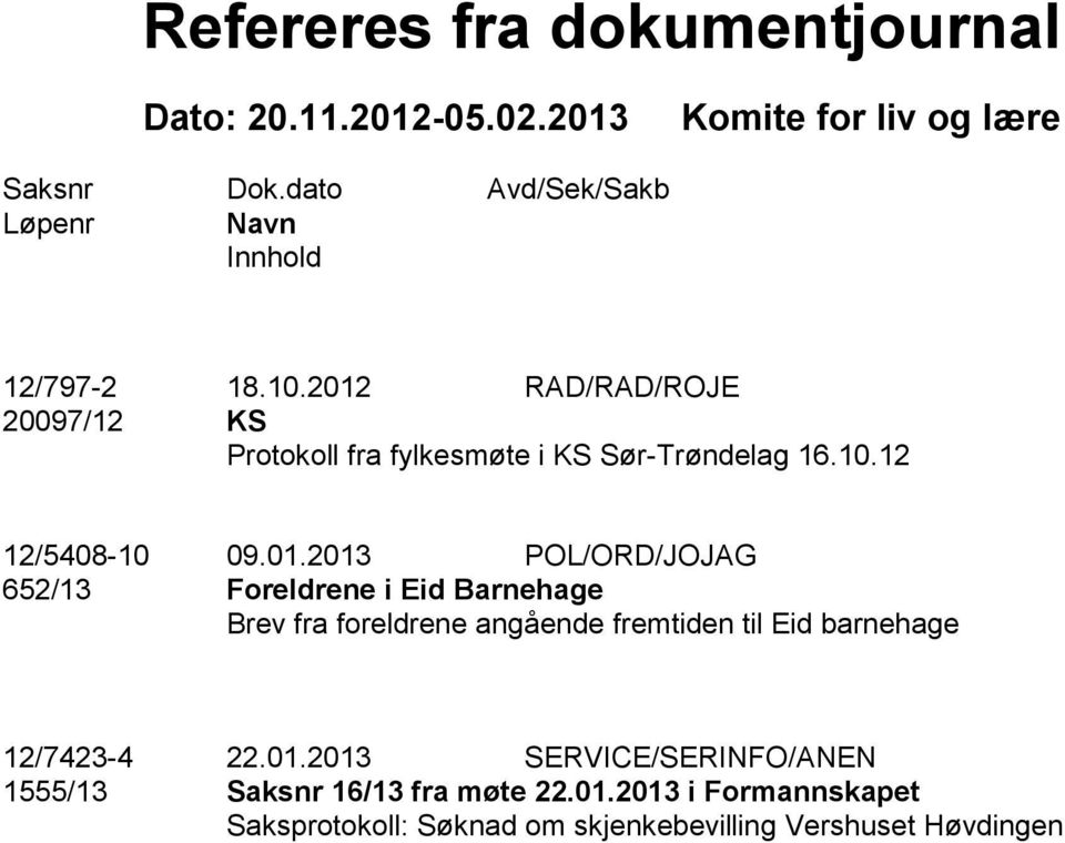 2012 RAD/RAD/ROJE 20097/12 KS Protokoll fra fylkesmøte i KS Sør-Trøndelag 16.10.12 12/5408-10 09.01.2013 POL/ORD/JOJAG 652/13 Foreldrene i Eid Barnehage Brev fra foreldrene angående fremtiden til Eid barnehage 12/7423-4 22.