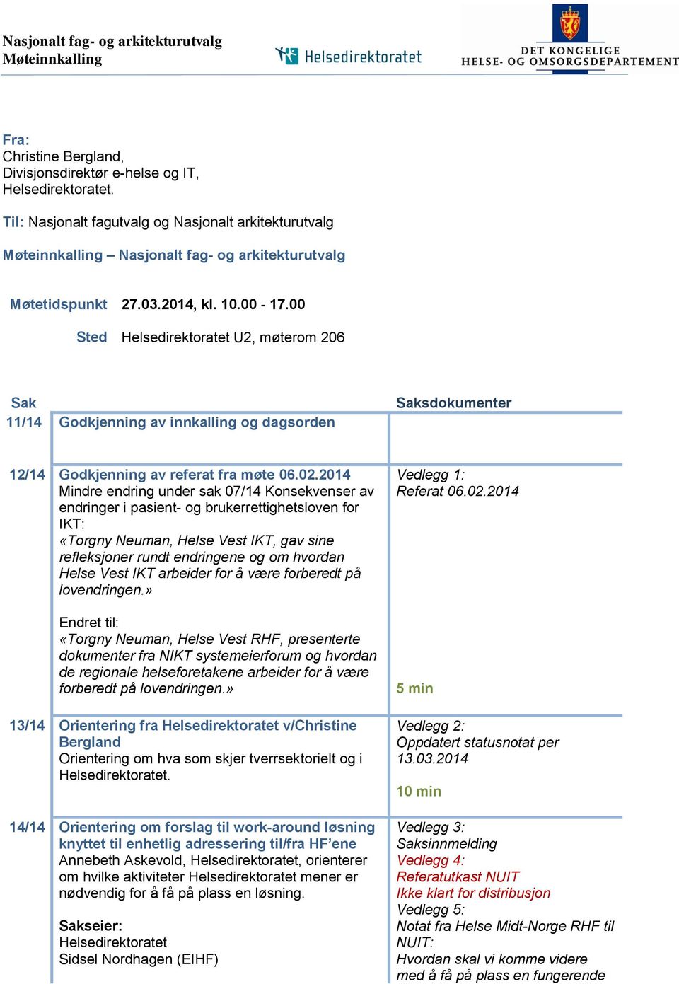 00 Sted Helsedirektoratet U2, møterom 206 Sak 11/14 Godkjenning av innkalling og dagsorden Saksdokumenter 12/14 Godkjenning av referat fra møte 06.02.