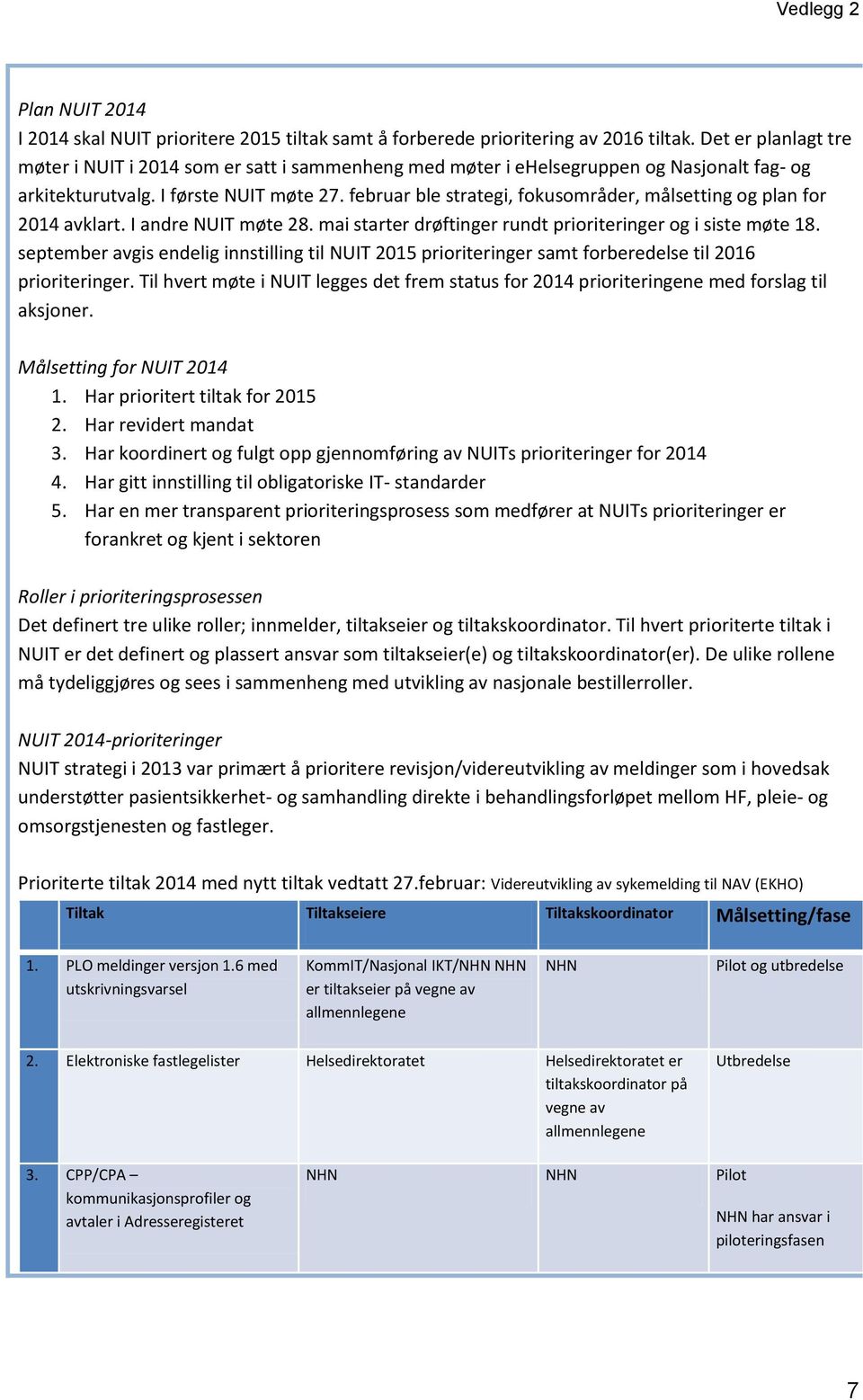 februar ble strategi, fokusområder, målsetting og plan for 2014 avklart. I andre NUIT møte 28. mai starter drøftinger rundt prioriteringer og i siste møte 18.