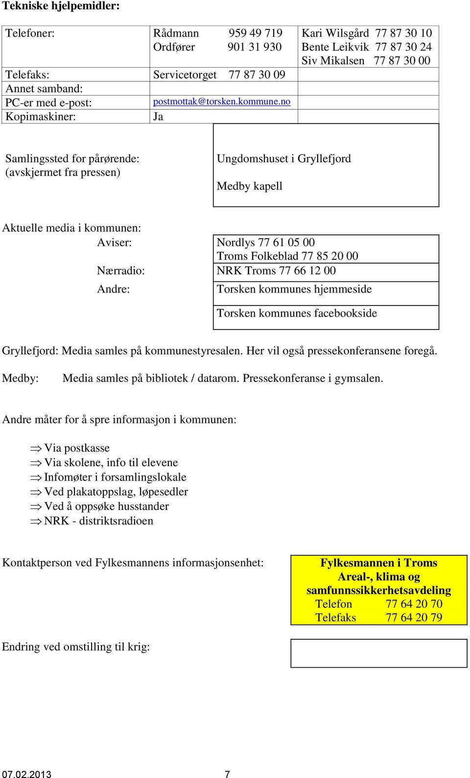 Aviser: Nordlys 77 61 05 00 Troms Folkeblad 77 85 20 00 Nærradio: NRK Troms 77 66 12 00 Andre: Torsken kommunes hjemmeside Torsken kommunes facebookside Gryllefjord: Media samles på kommunestyresalen.