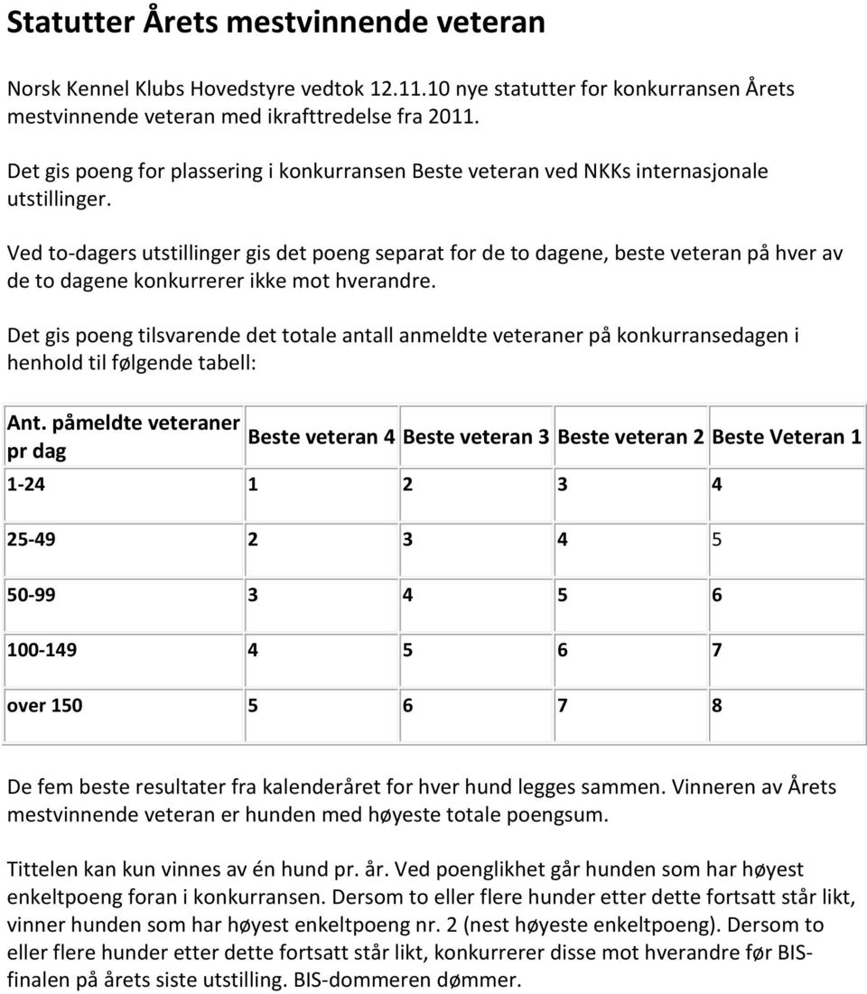 Ved to-dagers utstillinger gis det poeng separat for de to dagene, beste veteran på hver av de to dagene konkurrerer ikke mot hverandre.