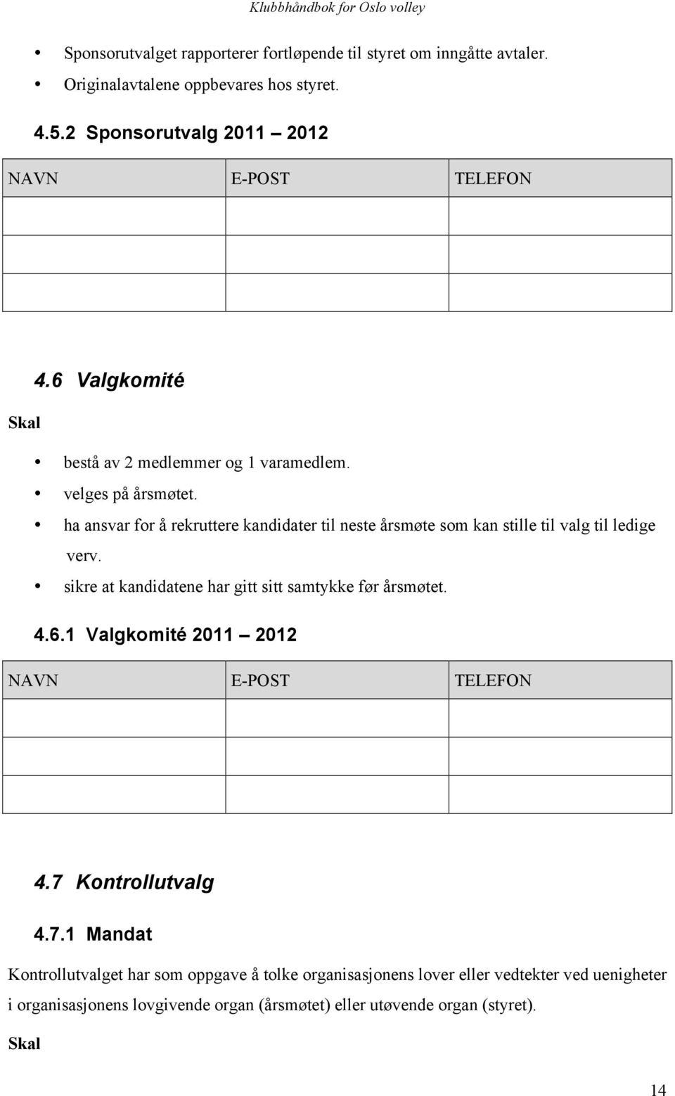 ha ansvar for å rekruttere kandidater til neste årsmøte som kan stille til valg til ledige verv. sikre at kandidatene har gitt sitt samtykke før årsmøtet. 4.6.