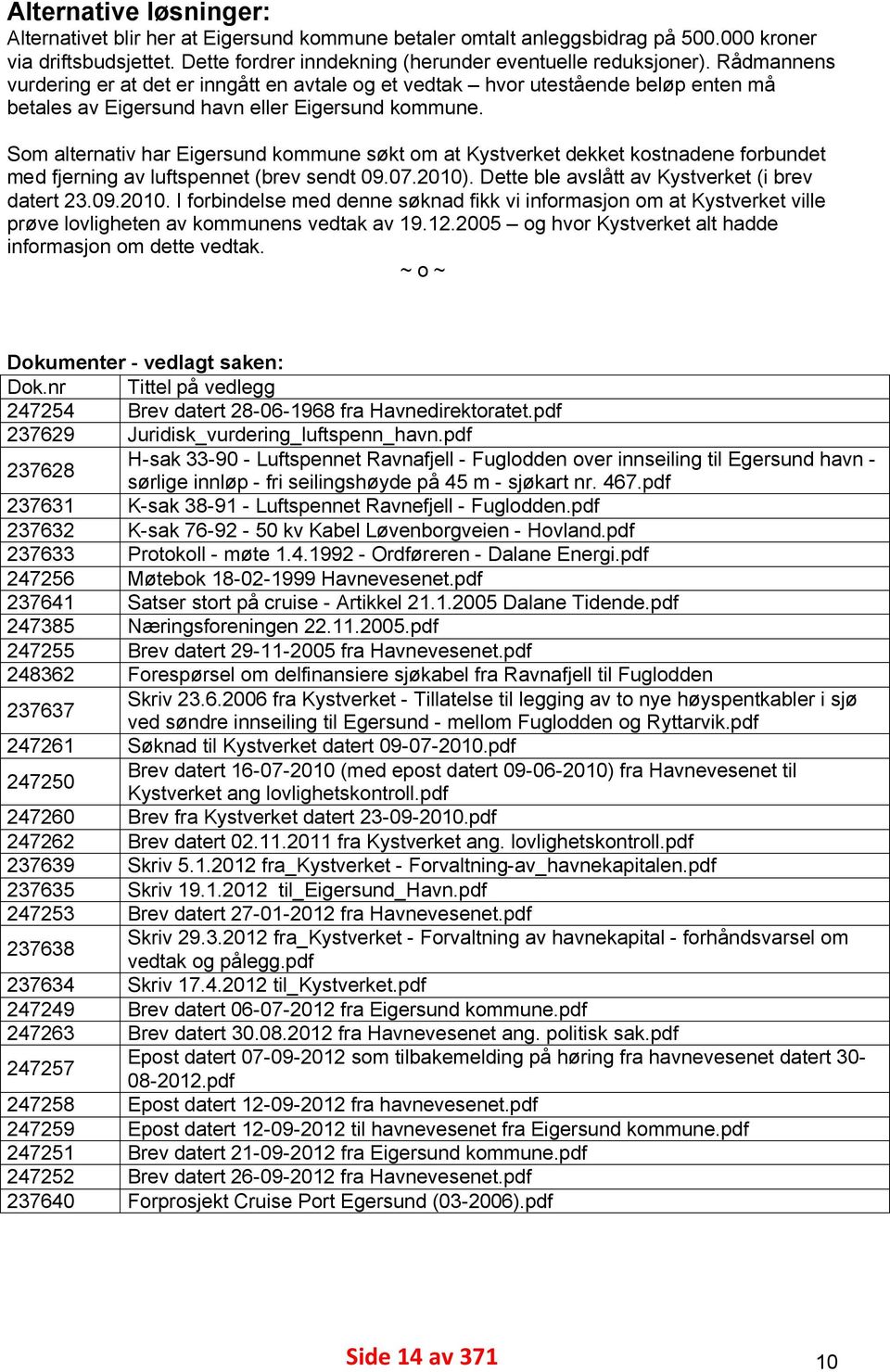 Som alternativ har Eigersund kommune søkt om at Kystverket dekket kostnadene forbundet med fjerning av luftspennet (brev sendt 09.07.2010)