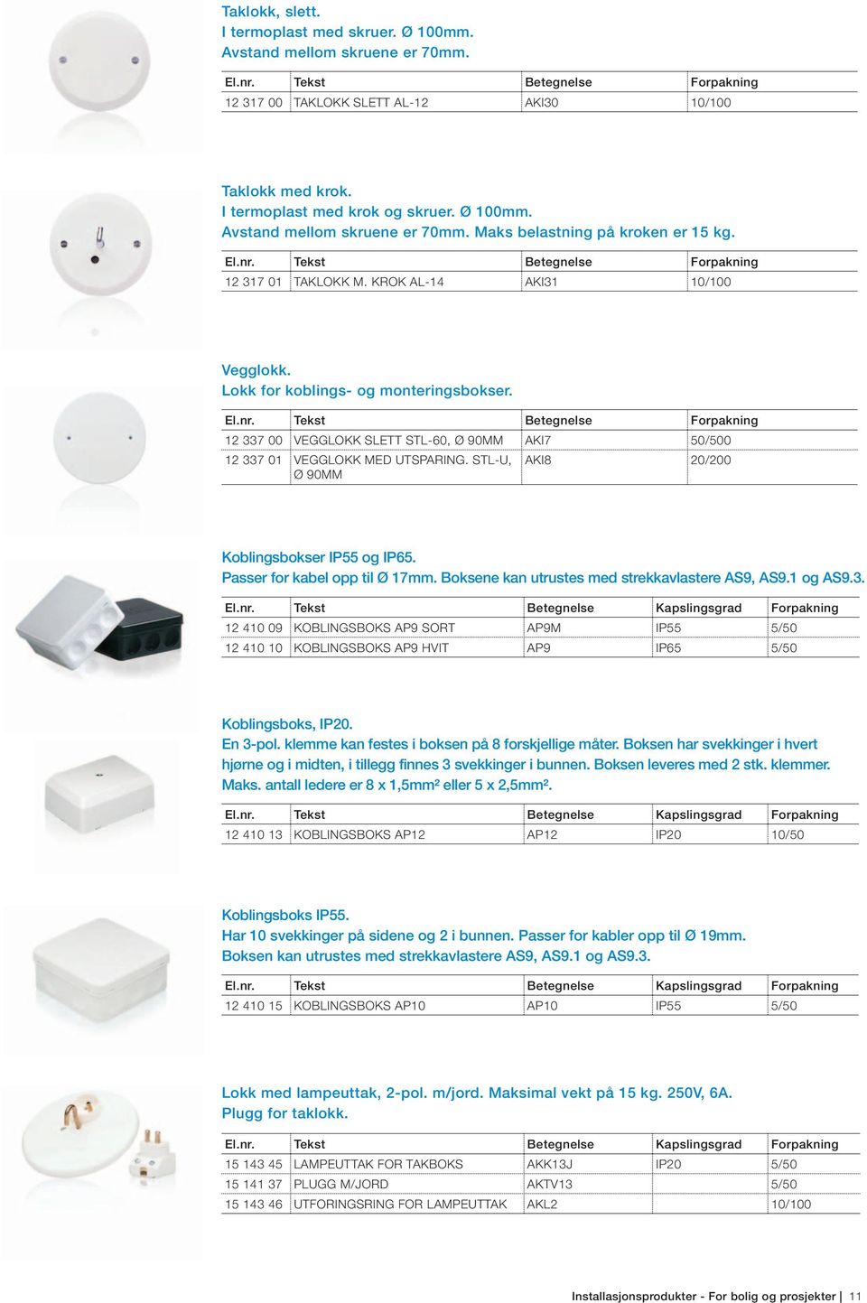 Lokk for koblings- og monteringsbokser. El.nr. Tekst Betegnelse Forpakning 12 337 00 VEGGLOKK SLETT STL-60, Ø 90MM AKI7 50/500 12 337 01 VEGGLOKK MED UTSPARING.