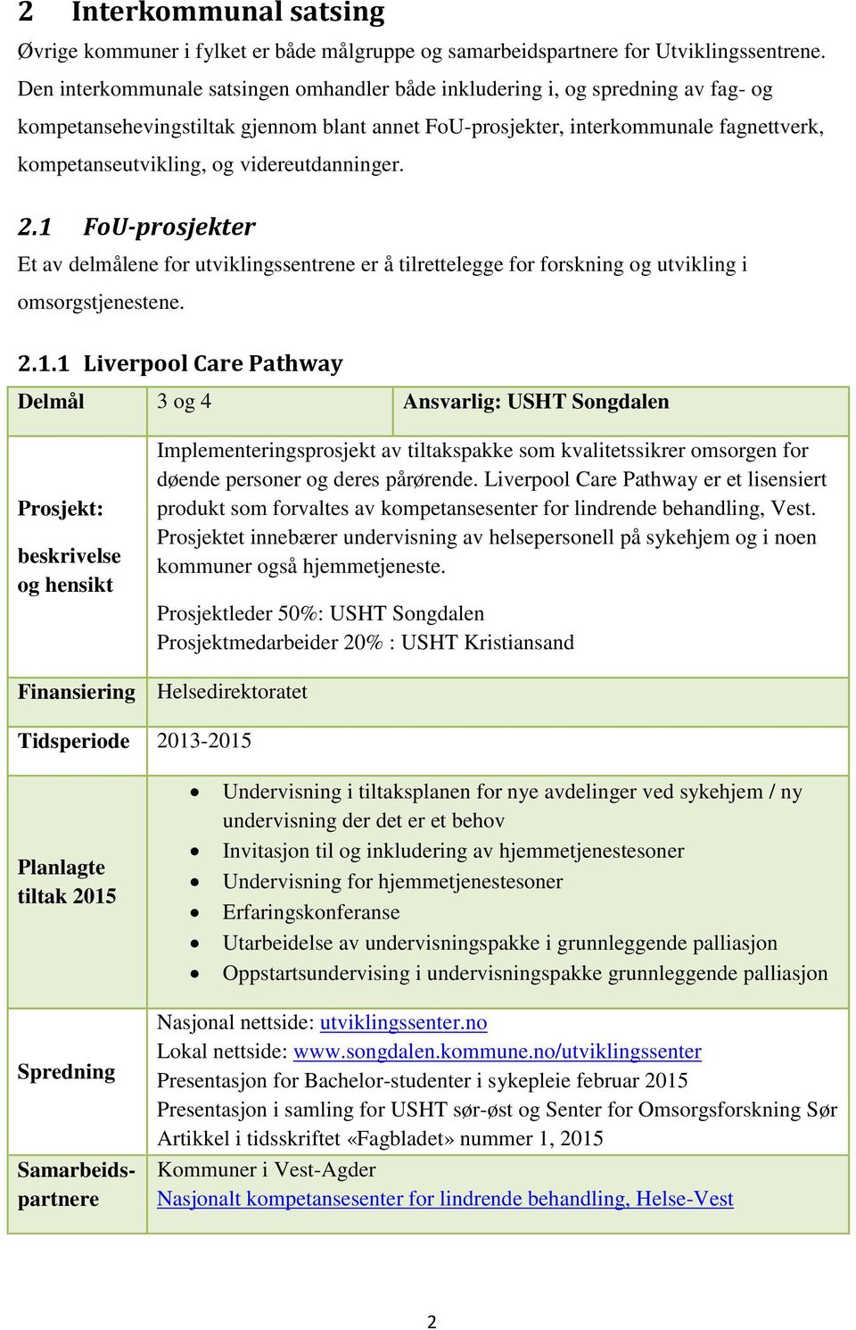 videreutdanninger. 2.1 FoU-prosjekter Et av delmålene for utviklingssentrene er å tilrettelegge for forskning og utvikling i omsorgstjenestene. 2.1.1 Liverpool Care Pathway Delmål 3 og 4 Ansvarlig: USHT Songdalen Implementeringsprosjekt av tiltakspakke som kvalitetssikrer omsorgen for døende personer og deres pårørende.