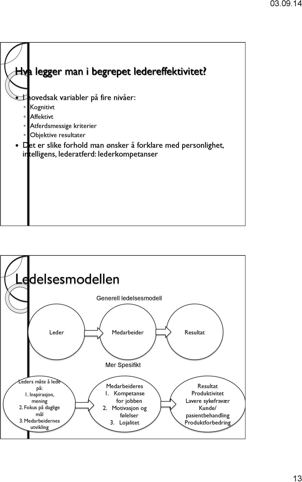 med personlighet, intelligens, lederatferd: lederkompetanser Ledelsesmodellen Generell ledelsesmodell Leder Medarbeider Resultat Mer Spesifikt