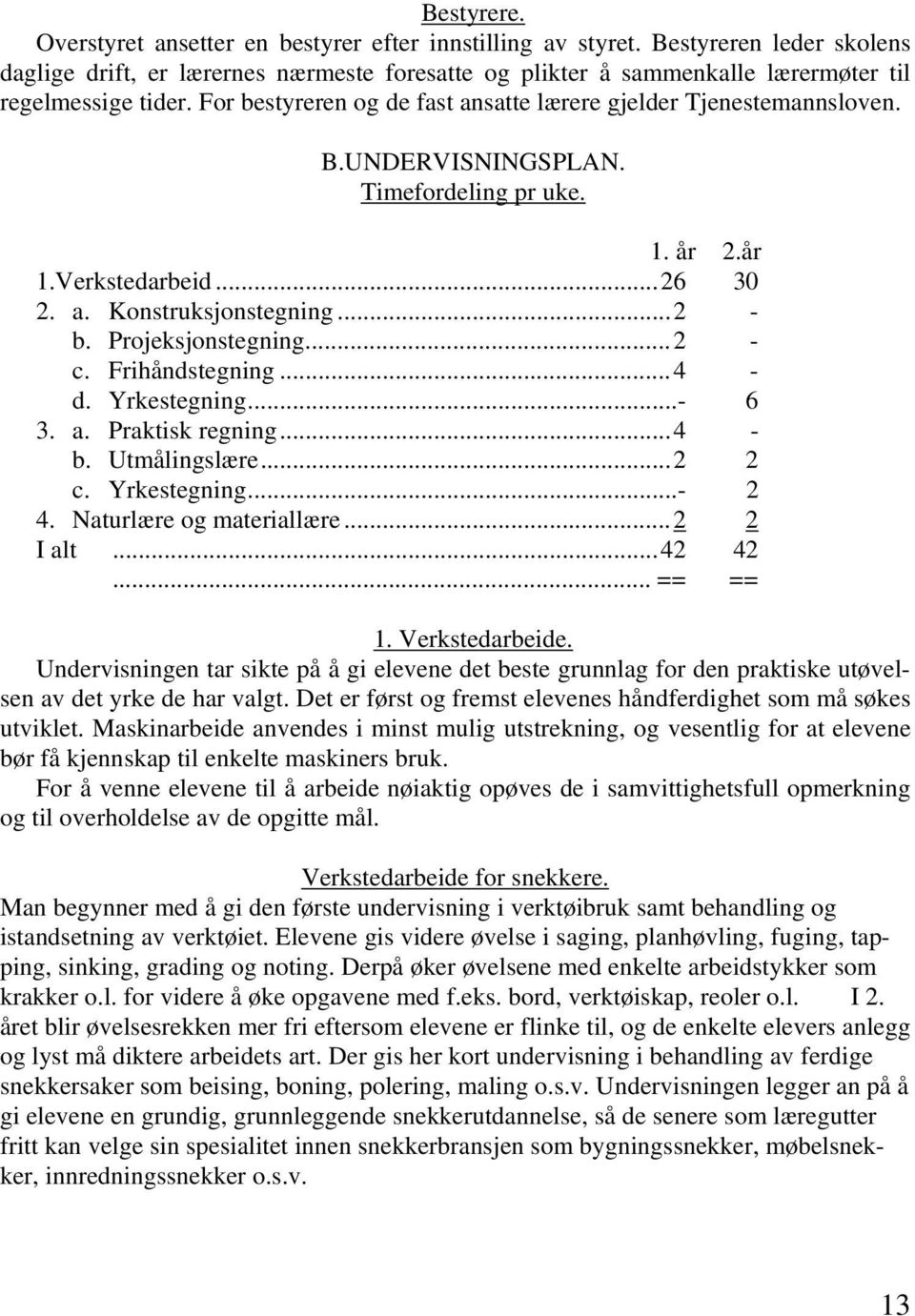 B.UNDERVISNINGSPLAN. Timefordeling pr uke. 1. år 2.år 1.Verkstedarbeid...26 30 2. a. Konstruksjonstegning...2 - b. Projeksjonstegning...2 - c. Frihåndstegning...4 - d. Yrkestegning...- 6 3. a. Praktisk regning.