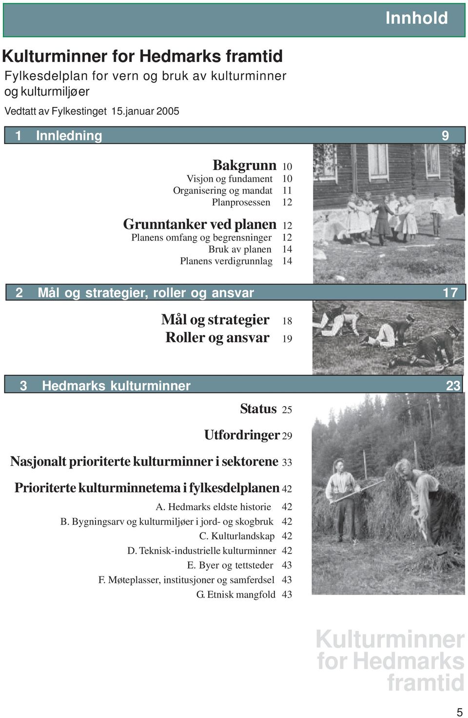 verdigrunnlag 14 2 Mål og strategier, roller og ansvar 17 Mål og strategier 18 Roller og ansvar 19 3 Hedmarks kulturminner 23 Status 25 Utfordringer 29 Nasjonalt prioriterte kulturminner i sektorene