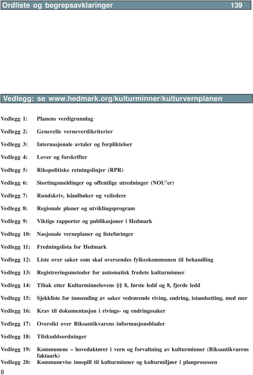 Vedlegg 15: Vedlegg 16: Vedlegg 17: Vedlegg 18: Vedlegg 19: Vedlegg 20: 8 Planens verdigrunnlag Generelle verneverdikriterier Internasjonale avtaler og forpliktelser Lover og forskrifter