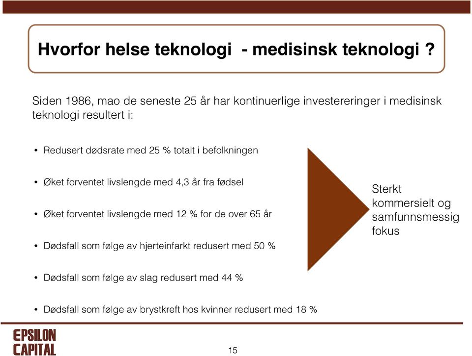 % totalt i befolkningen Øket forventet livslengde med 4,3 år fra fødsel Øket forventet livslengde med 12 % for de over 65 år