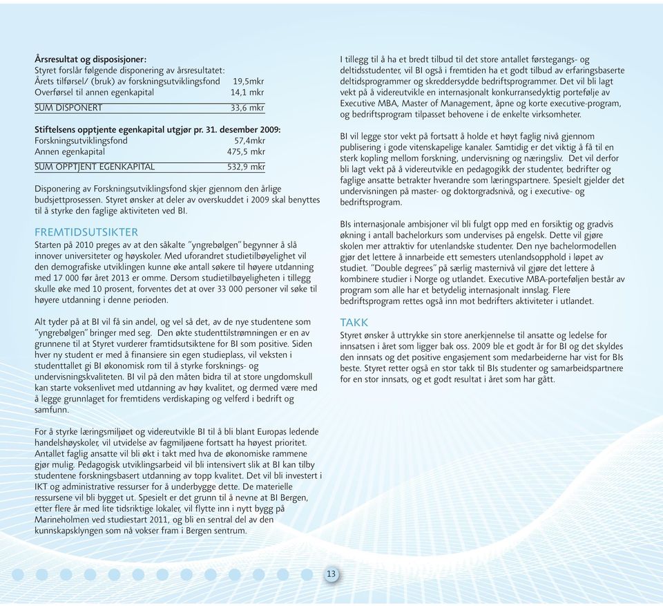 desember 2009: Forskningsutviklingsfond 57,4mkr Annen egenkapital 475,5 mkr SUM OPPTJENT EGENKAPITAL 532,9 mkr Disponering av Forskningsutviklingsfond skjer gjennom den årlige budsjettprosessen.