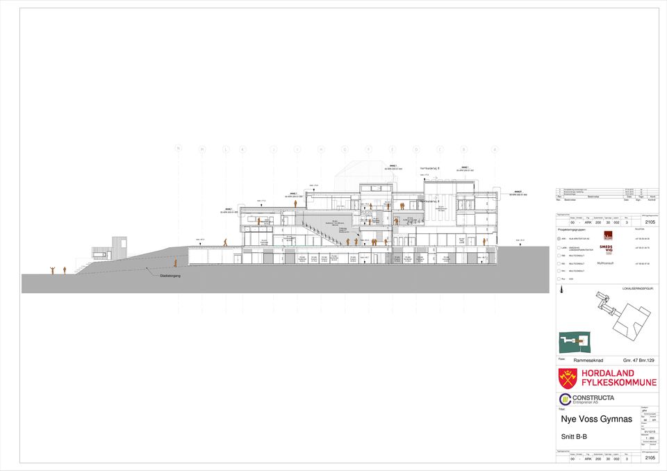 051 Auditorium 1 for 200 pers. 186.4m2 FE.082 Garderobe 30.2m2 Foldevegg høyde:3,7. Bredde:ca 8m FE.083 Dusjrom 20.9m2 kote: +70,3 FE.011 kote: +66,4 Skuletorg 264.6m2 kote: +61,2 Vertikaldetalj 8 FE.