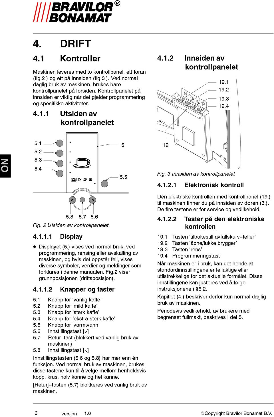 3 5.4 5.5 Fig. 3 Innsiden av kontrollpanelet 4.1.2.1 Elektronisk kontroll < > 5.8 5.7 5.6 Fig. 2 Utsiden av kontrollpanelet 4.1.1.1 Display Displayet (5.