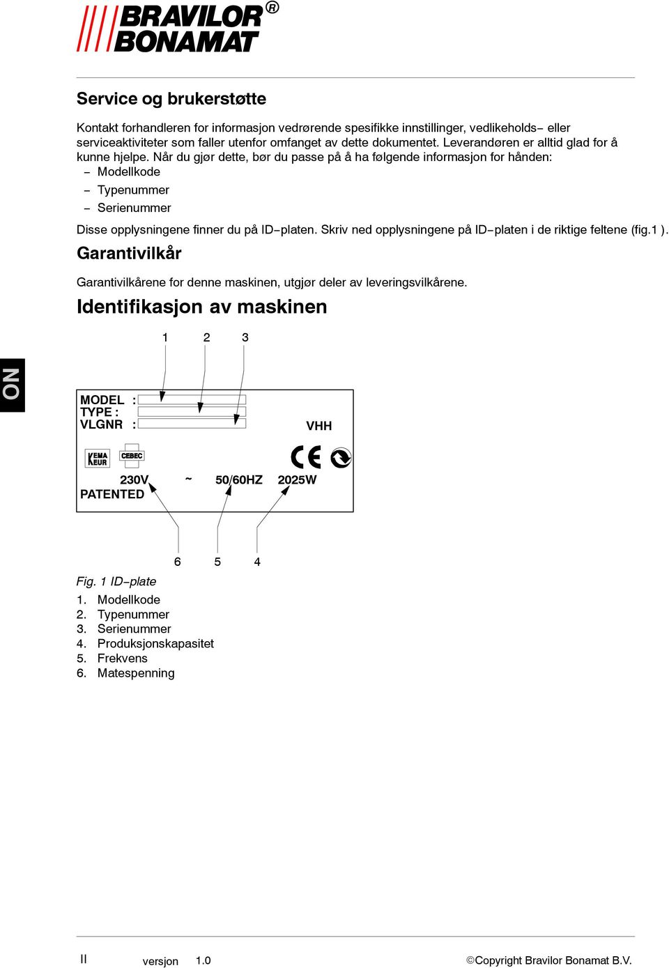 Skriv ned opplysningene på ID platen i de riktige feltene (fig.1 ). Garantivilkår Garantivilkårene for denne maskinen, utgjør deler av leveringsvilkårene.