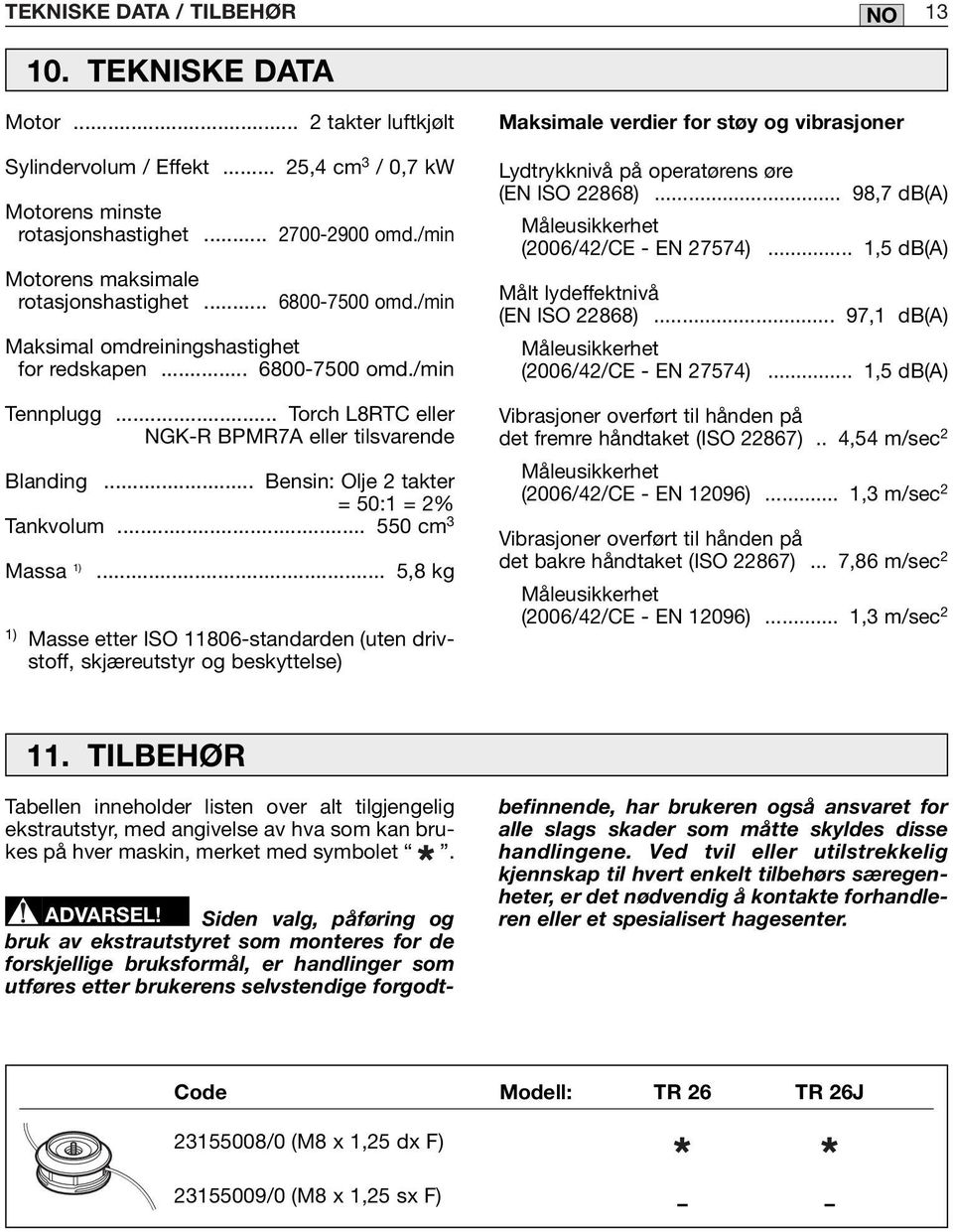 .. Torch L8RTC eller NGK-R BPMR7A eller tilsvarende Blanding... Bensin: Olje 2 takter = 50:1 = 2% Tankvolum... 550 cm 3 Massa 1).