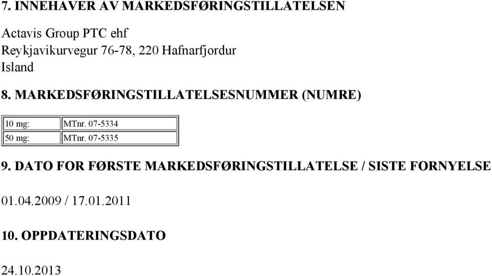 MARKEDSFØRINGSTILLATELSESNUMMER (NUMRE) 10 mg: MTnr. 07-5334 50 mg: MTnr.