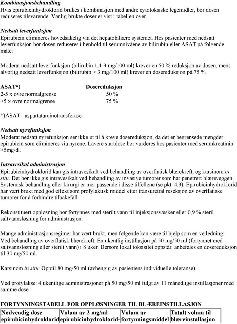 Hos pasienter med nedsatt leverfunksjon bør dosen reduseres i henhold til serumnivåene av bilirubin eller ASAT på følgende måte: Moderat nedsatt leverfunksjon (bilirubin 1,4-3 mg/100 ml) krever en 50