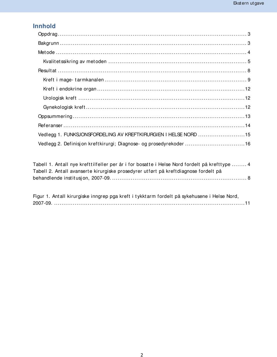 Definisjon kreftkirurgi; Diagnose- og prosedyrekoder...16 Tabell 1. Antall nye krefttilfeller per år i for bosatte i Helse Nord fordelt på krefttype... 4 Tabell 2.