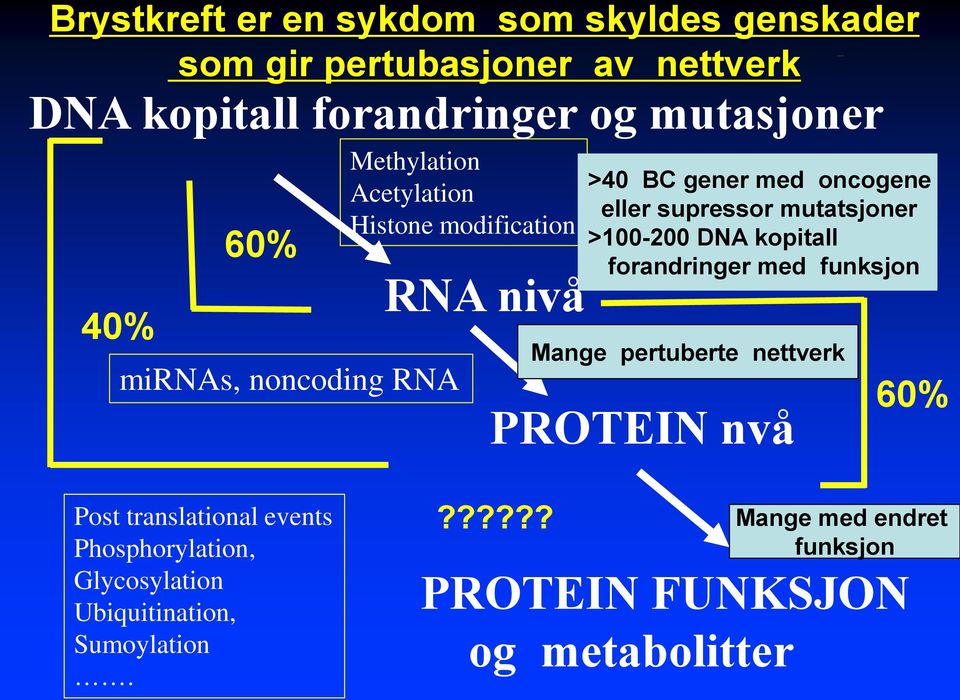 mutatsjoner >100-200 DNA kopitall forandringer med funksjon Mange pertuberte nettverk PROTEIN nvå 60% Post translational