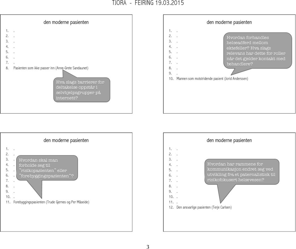 Mannen som motstridende pasient (Jorid Anderssen) Hvordan skal man forholde seg til risikopasienten eller forebyggingspasienten? 8.. 9.. 10.. 11.