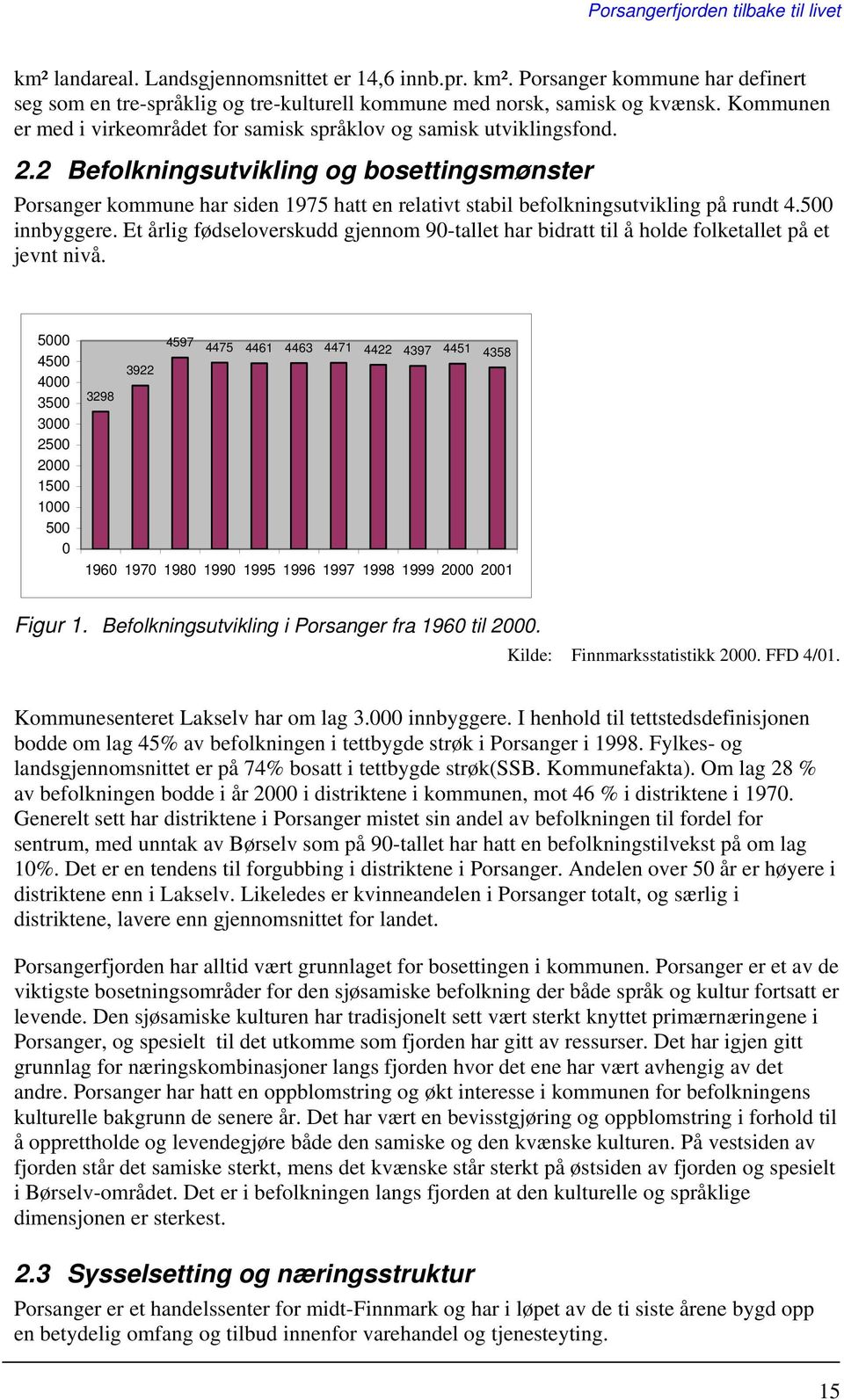 2 Befolkningsutvikling og bosettingsmønster Porsanger kommune har siden 1975 hatt en relativt stabil befolkningsutvikling på rundt 4.500 innbyggere.