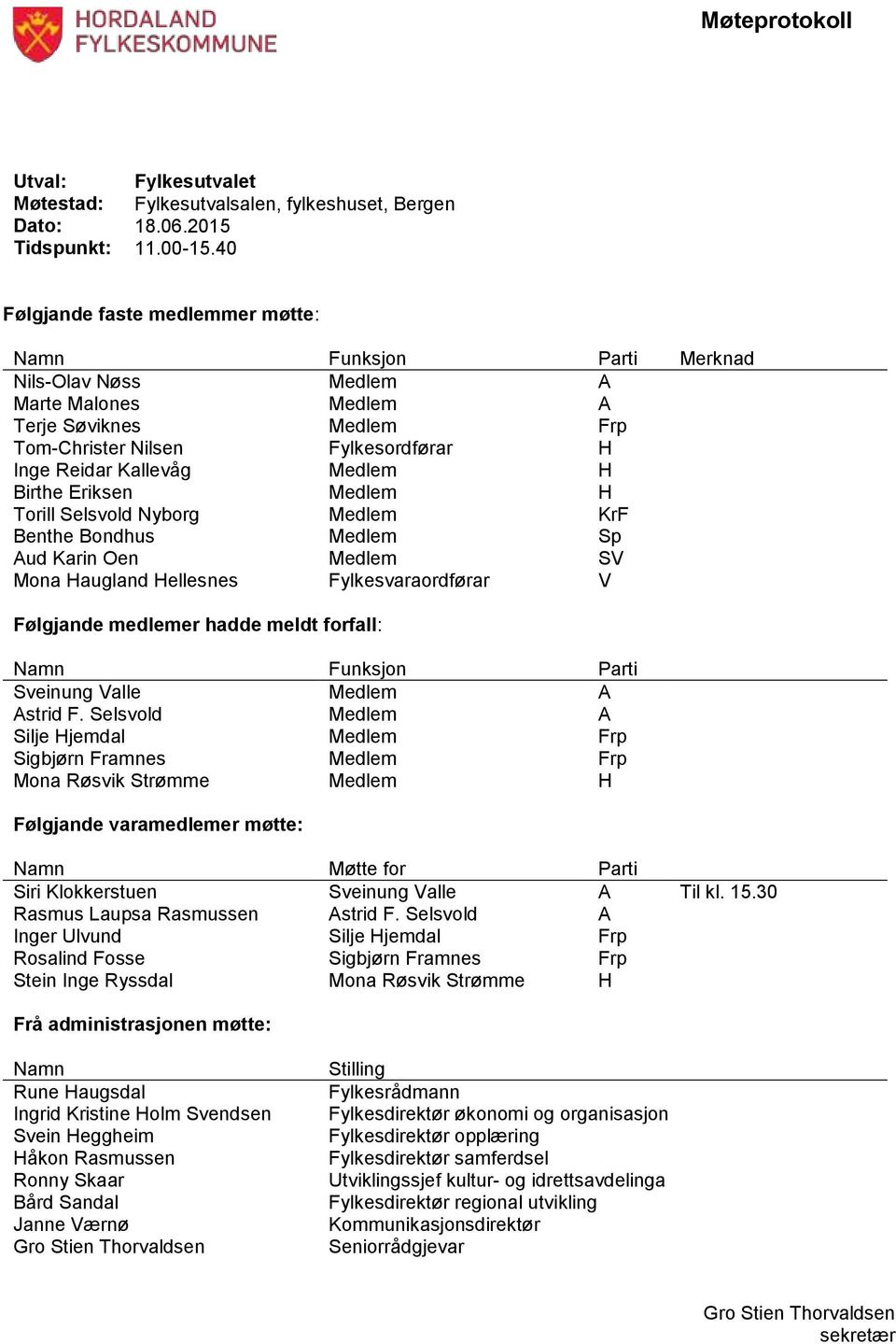 Medlem H Birthe Eriksen Medlem H Torill Selsvold Nyborg Medlem KrF Benthe Bondhus Medlem Sp Aud Karin Oen Medlem SV Mona Haugland Hellesnes Fylkesvaraordførar V Følgjande medlemer hadde meldt