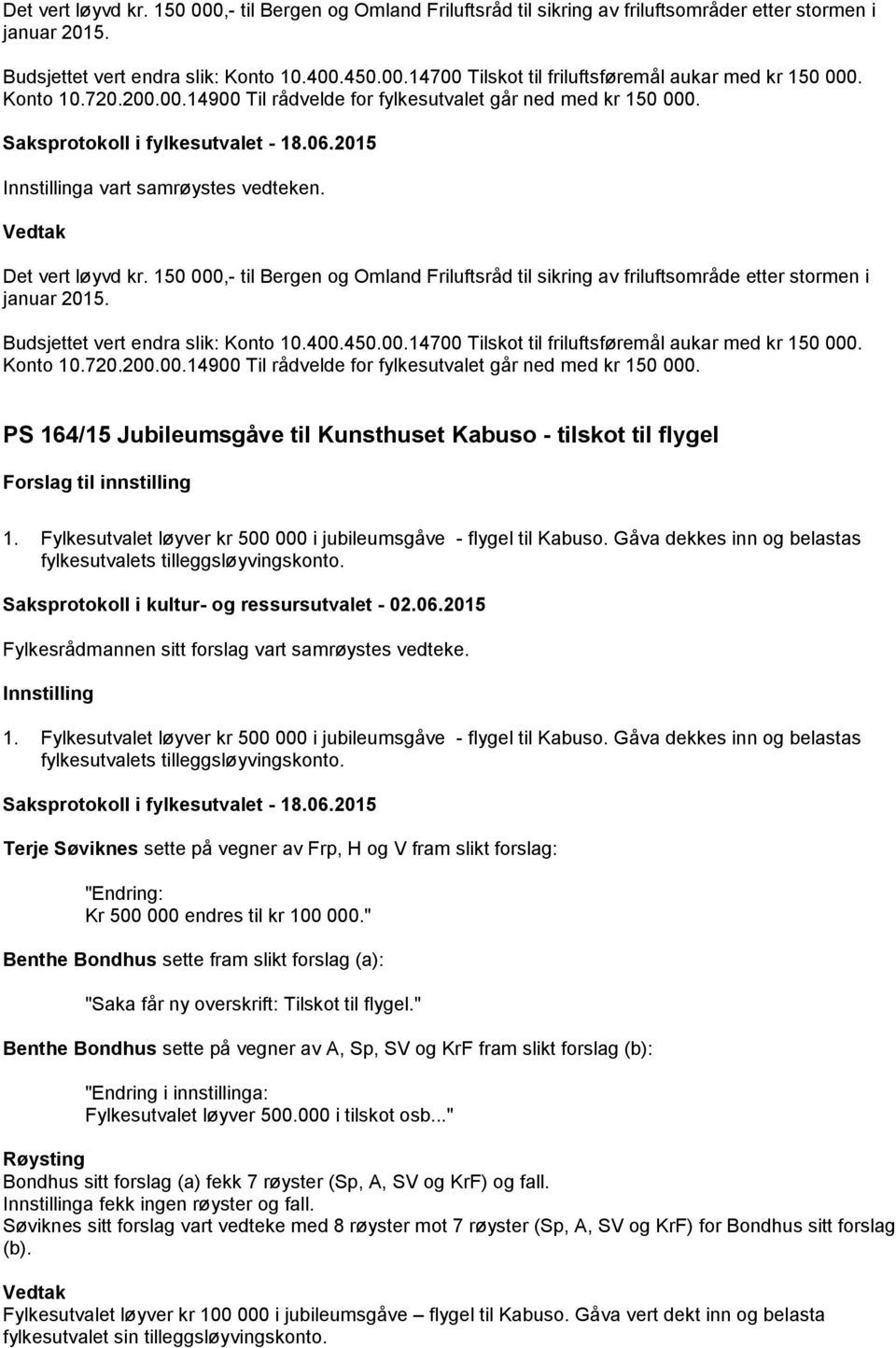 150 000,- til Bergen og Omland Friluftsråd til sikring av friluftsområde etter stormen i januar 2015. Budsjettet vert endra slik: Konto 10.400.450.00.14700 Tilskot til friluftsføremål aukar med kr 150 000.