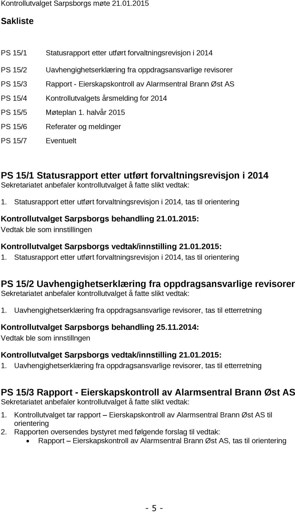 Øst AS PS 15/4 Kontrollutvalgets årsmelding for 2014 PS 15/5 Møteplan 1.