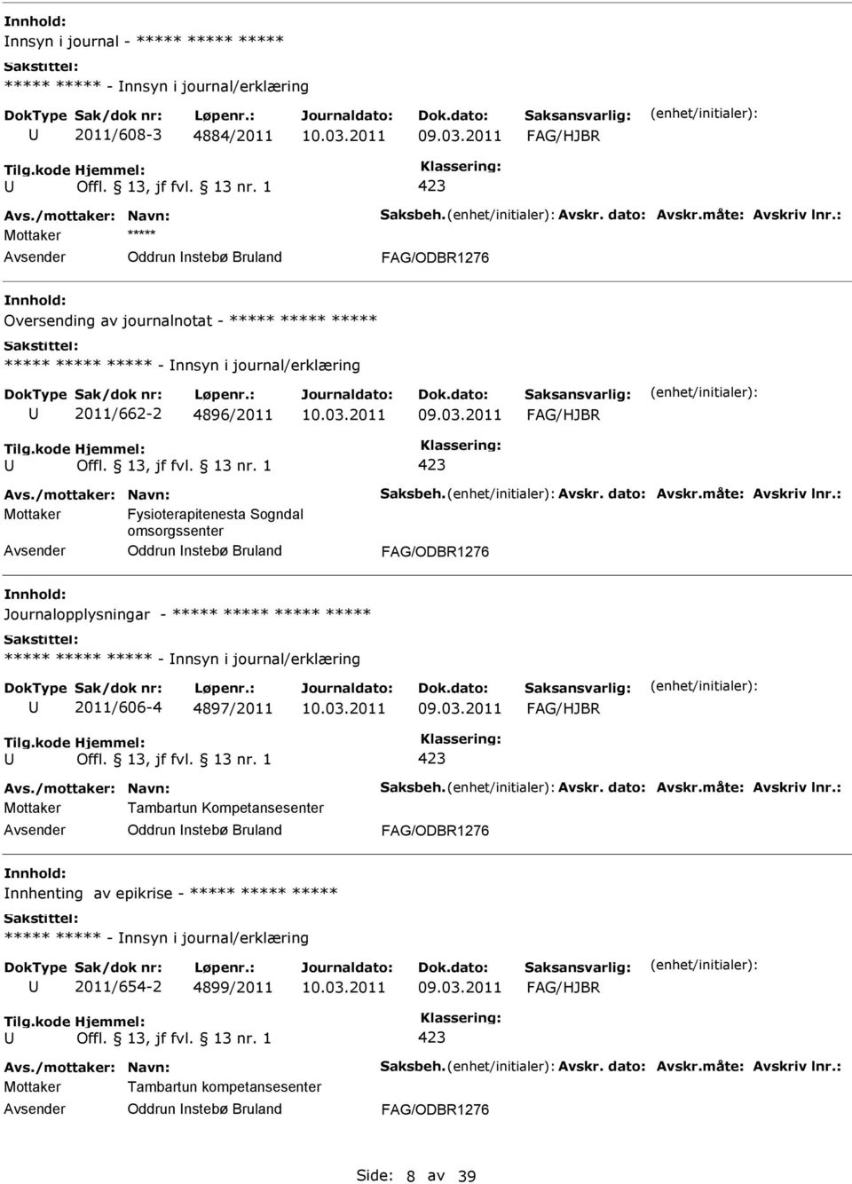 Journalopplysningar - - nnsyn i journal/erklæring 2011/606-4 4897/2011 423 Tambartun Kompetansesenter Oddrun nstebø Bruland