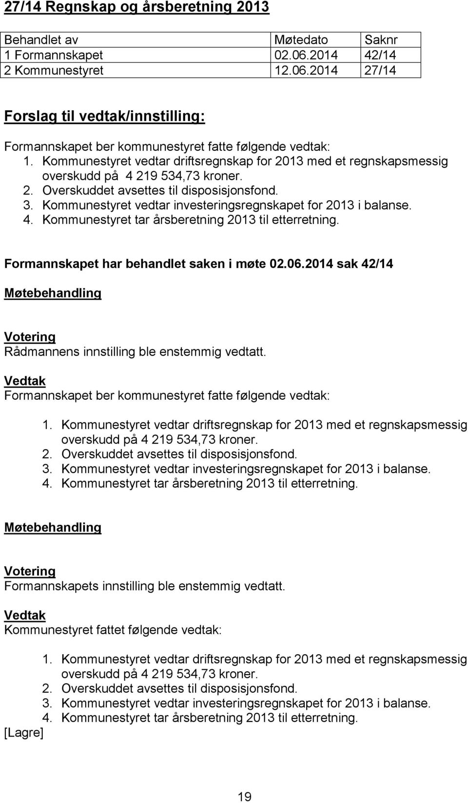 Kommunestyret vedtar investeringsregnskapet for 2013 i balanse. 4. Kommunestyret tar årsberetning 2013 til etterretning. Formannskapet har behandlet saken i møte 02.06.