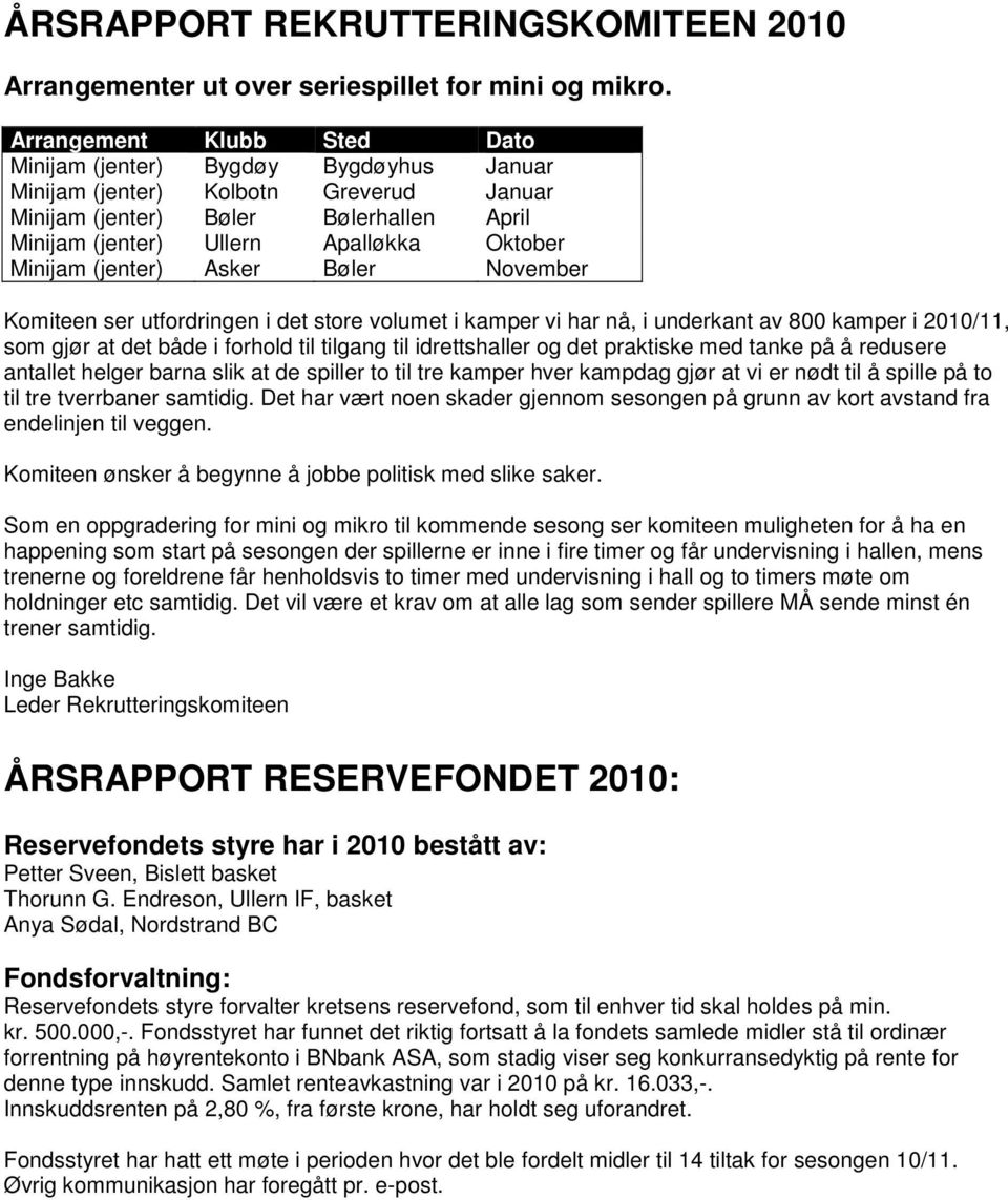 Minijam (jenter) Asker Bøler November Komiteen ser utfordringen i det store volumet i kamper vi har nå, i underkant av 800 kamper i 2010/11, som gjør at det både i forhold til tilgang til