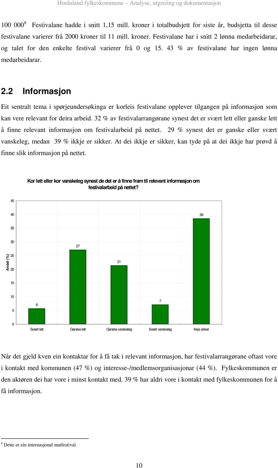 2 Informasjon Eit sentralt tema i spørjeundersøkinga er korleis festivalane opplever tilgangen på informasjon som kan vere relevant for deira arbeid.