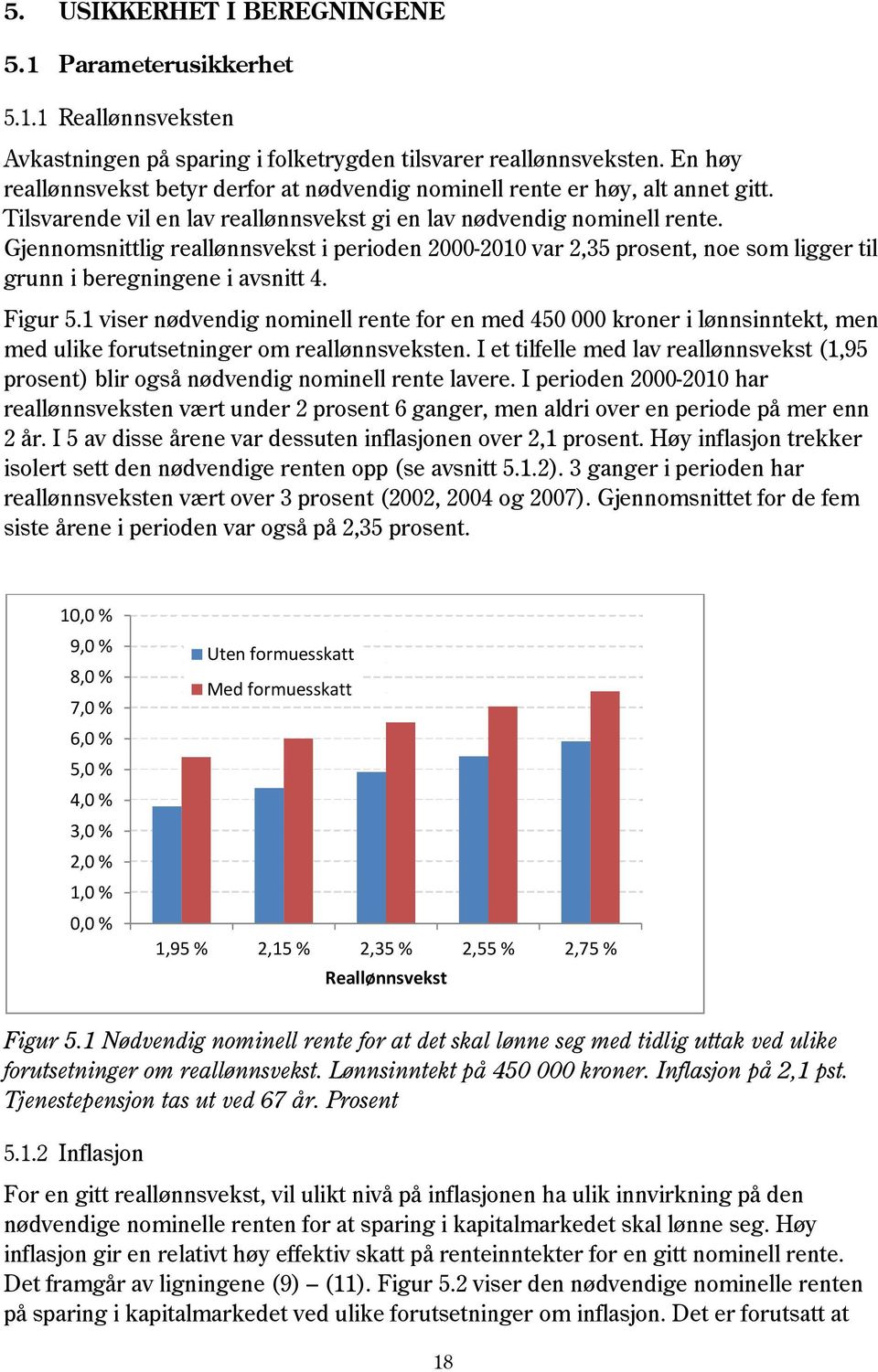 Gjennomsnittlig reallønnsvekst i perioden 2000-2010 var 2,35 prosent, noe som ligger til grunn i beregningene i avsnitt 4. Figur 5.